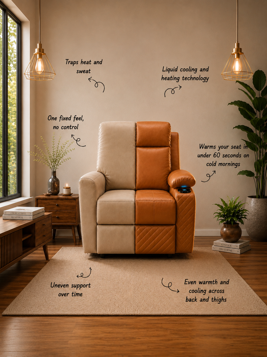 Comparison of traditional recliner versus Climate Craft climate-controlled recliner showing heating and cooling technology benefits